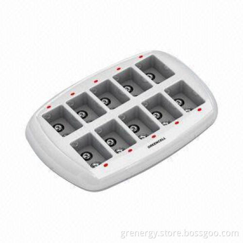10-channel Battery Charger for NiMH 9V Batteries, 100-240V AC, 50/60Hz Input